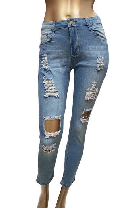 JUP női farmernadrág, szakadt modell, közepes derekú, vékony szabású, kék, Kék