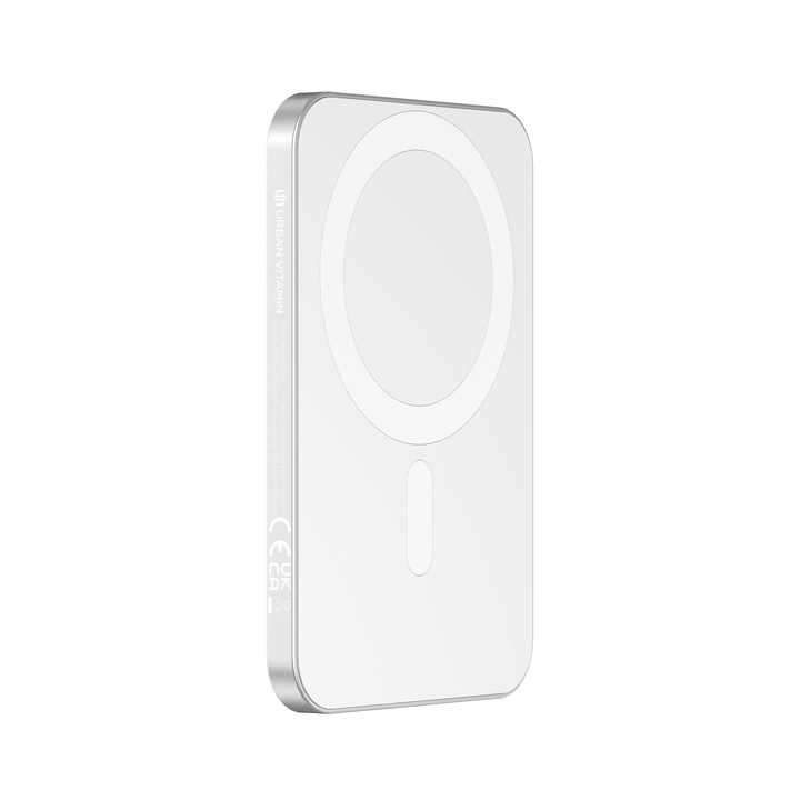 Baterie Externa Wireless Slim MagSafe iCharge Ronic X by Urban Vitamin 3.000 mAh, Compatibila iPhone 12-15 Pro si Android, Power Bank cu Incarcare Rapida MagSafe 15W, Portabila, Cablu Type-C, Alb