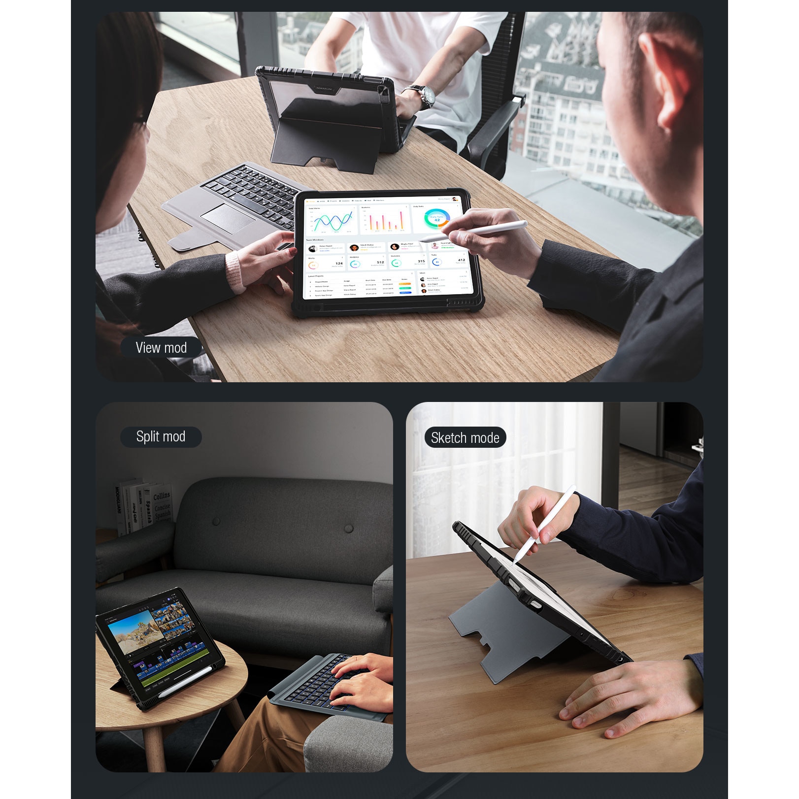 Husa pentru iPad Air 10.9" 2020 / iPad Air 4 / iPad Air 5 / iPad Pro 11 (2020/2021/2022), Bumper Combo, cu tastatura Bluetooth, detasabila si iluminata, Neagra