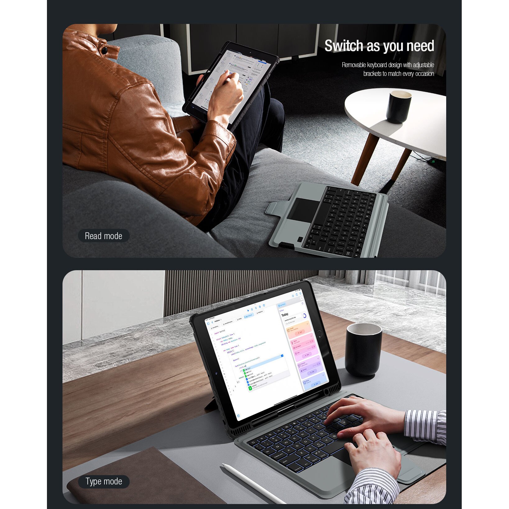 Husa pentru iPad Air 10.9" 2020 / iPad Air 4 / iPad Air 5 / iPad Pro 11 (2020/2021/2022), Bumper Combo, cu tastatura Bluetooth, detasabila si iluminata, Neagra