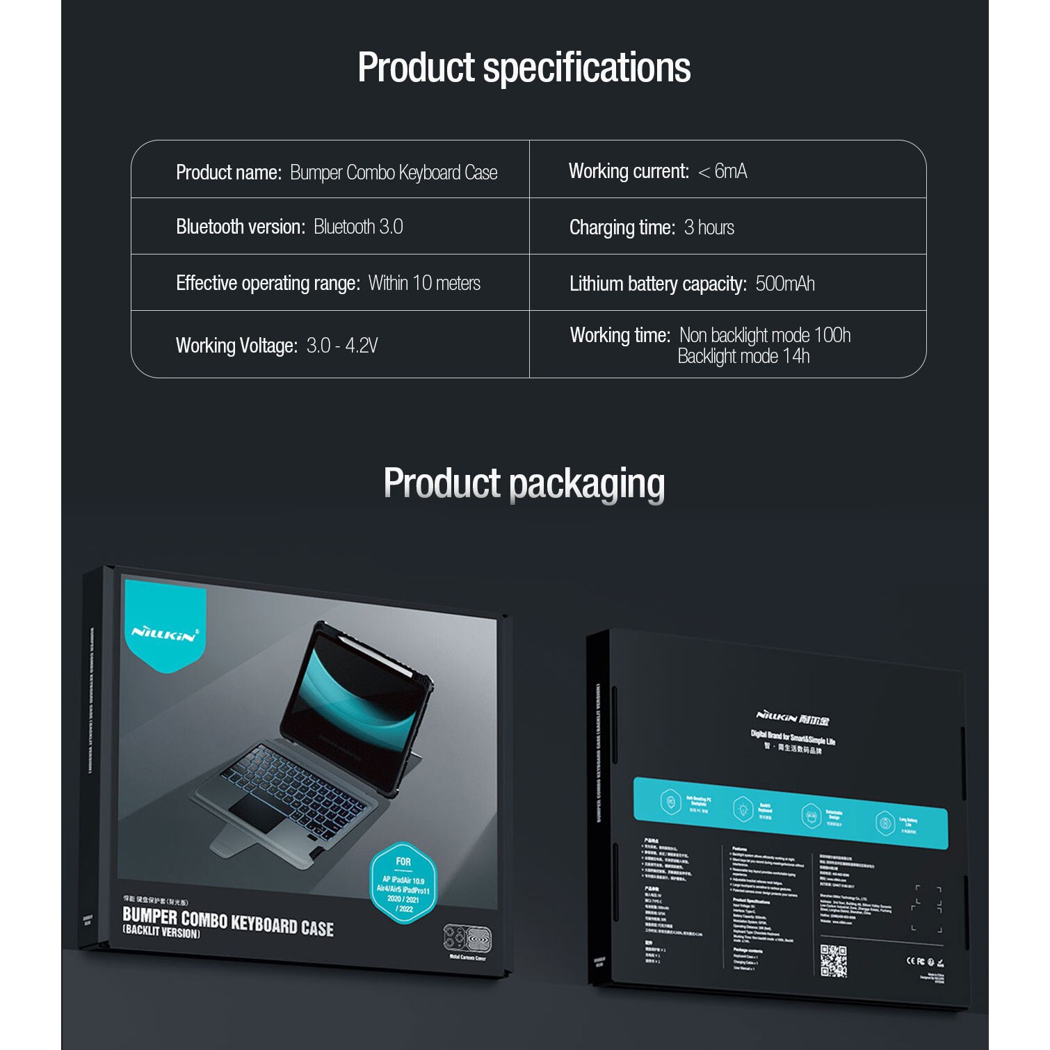 Husa pentru iPad Air 10.9" 2020 / iPad Air 4 / iPad Air 5 / iPad Pro 11 (2020/2021/2022), Bumper Combo, cu tastatura Bluetooth, detasabila si iluminata, Neagra