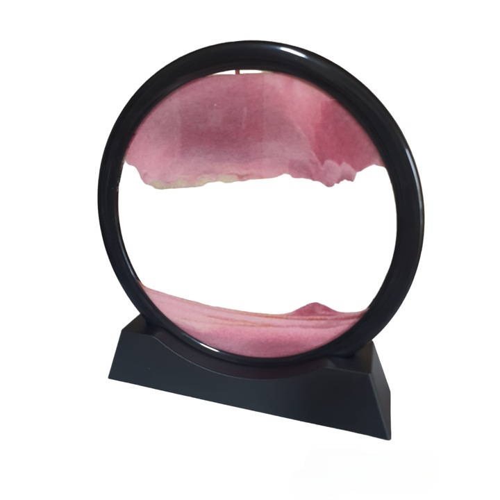 Decoratiune casa, birou tip clepsidra, sticla/nisip 3D, 26x27 cm, roz/negru