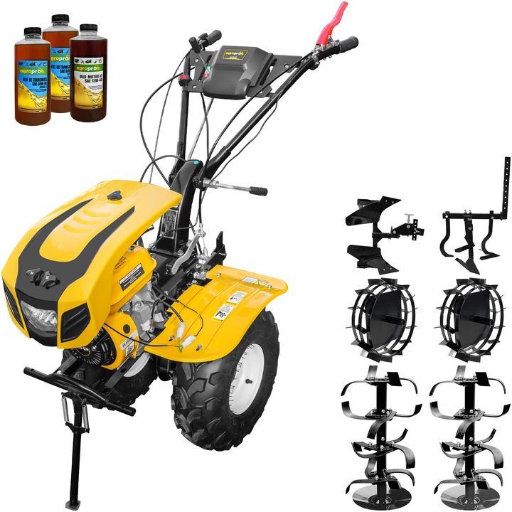 Motocultor AgroPro HS 1000B, motor 8 CP, benzina, EURO V, 2+1 viteze, latime lucru 115 cm, freze 2+1+1, roti ATV 19x7-8, capota cu far, roti metal, cultivator, plug reversibil, 3l ulei