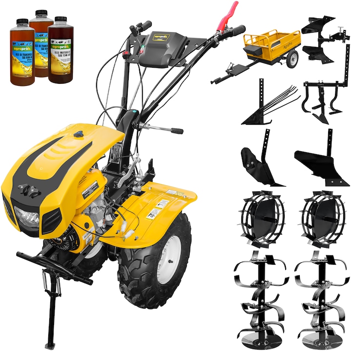 Motocultor AgroPro HS 1000B, motor 8 CP, benzina, EURO V, 2+1 viteze, latime lucru 115 cm, freze 2+1+1, roti ATV 19x7-8, capota cu far, roti metal, plug arat, rarita reglabila, plug cartofi, cultivator, plug reversibil, remorca, 3l ulei
