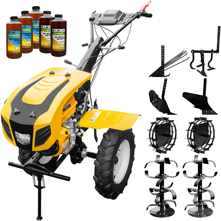 Motocultor AgroPro HS 1100D, motor 16 CP, benzina EURO V, 2+1 viteze, latime lucru 135 cm, freze 2+1+1, roti 5.00-12", capota cu far LED, roti metal, plug arat, rarita reglabila, plug cartofi, cultivator, 5l ulei