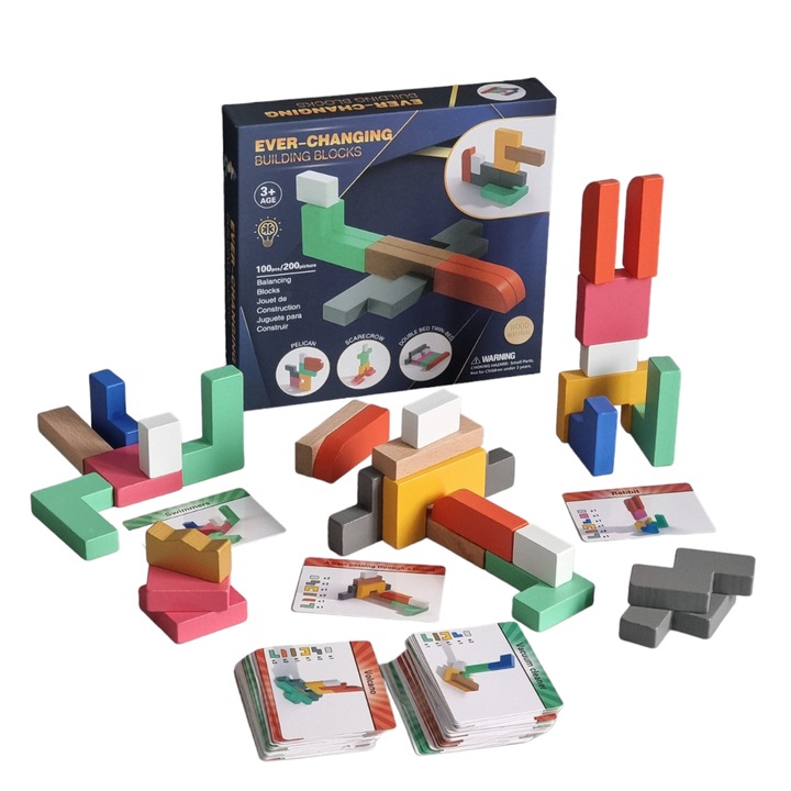 Joc Blocuri turn de stivuit din lemn, 100 carduri activitati fata-verso, cuburi, 3 ani +