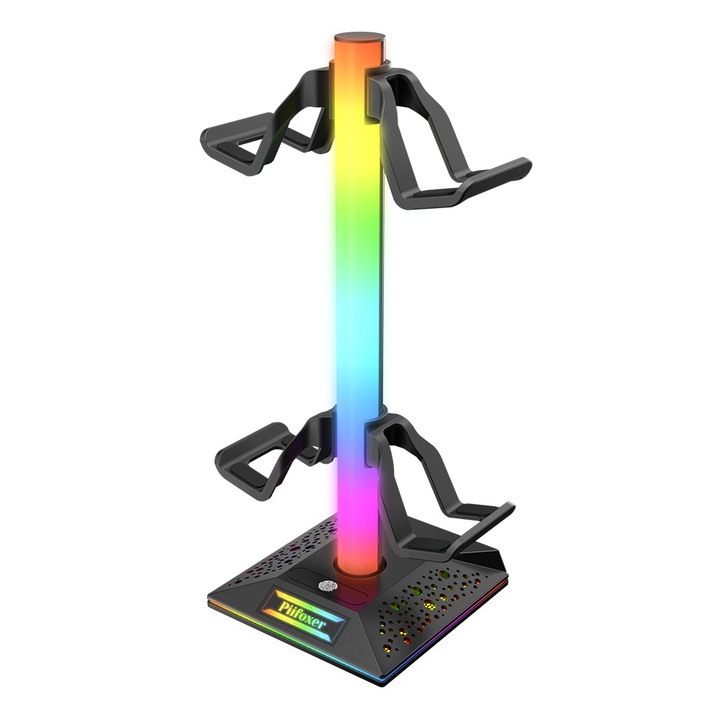 Suport casti gaming, RGB, 10 moduri de iluminare, 1x hub USB 2.0, 1x USB, 1 x tip C, Negru