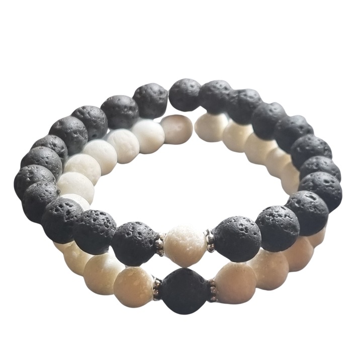 Set 2 Bratari Cupluri din Lava Vulcanica pentru Aromaterapie Afrodisiac Yin Yang