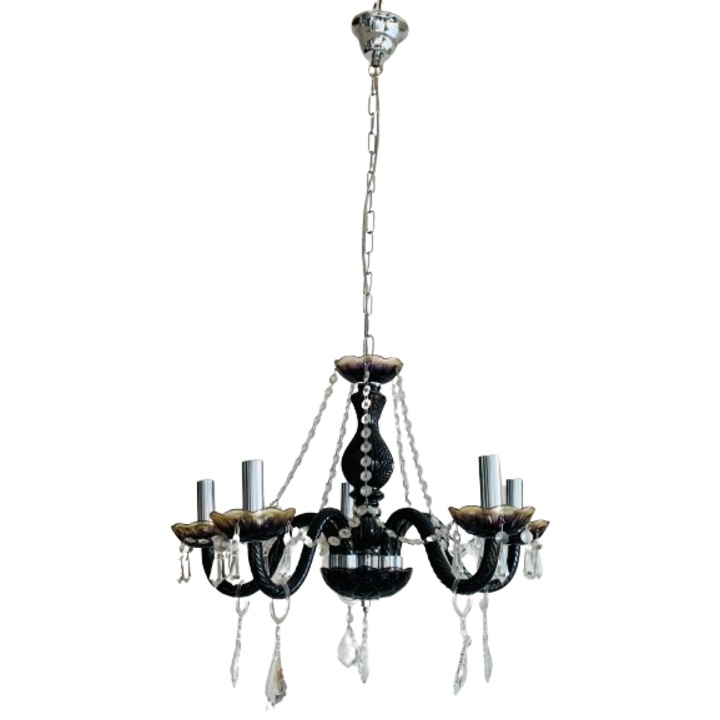 Candelabru cu Lant LU 2382/5 MT-SCHWARZ E14 5x40W Brate Sticla Neagra si Cristale Swarowski ORION