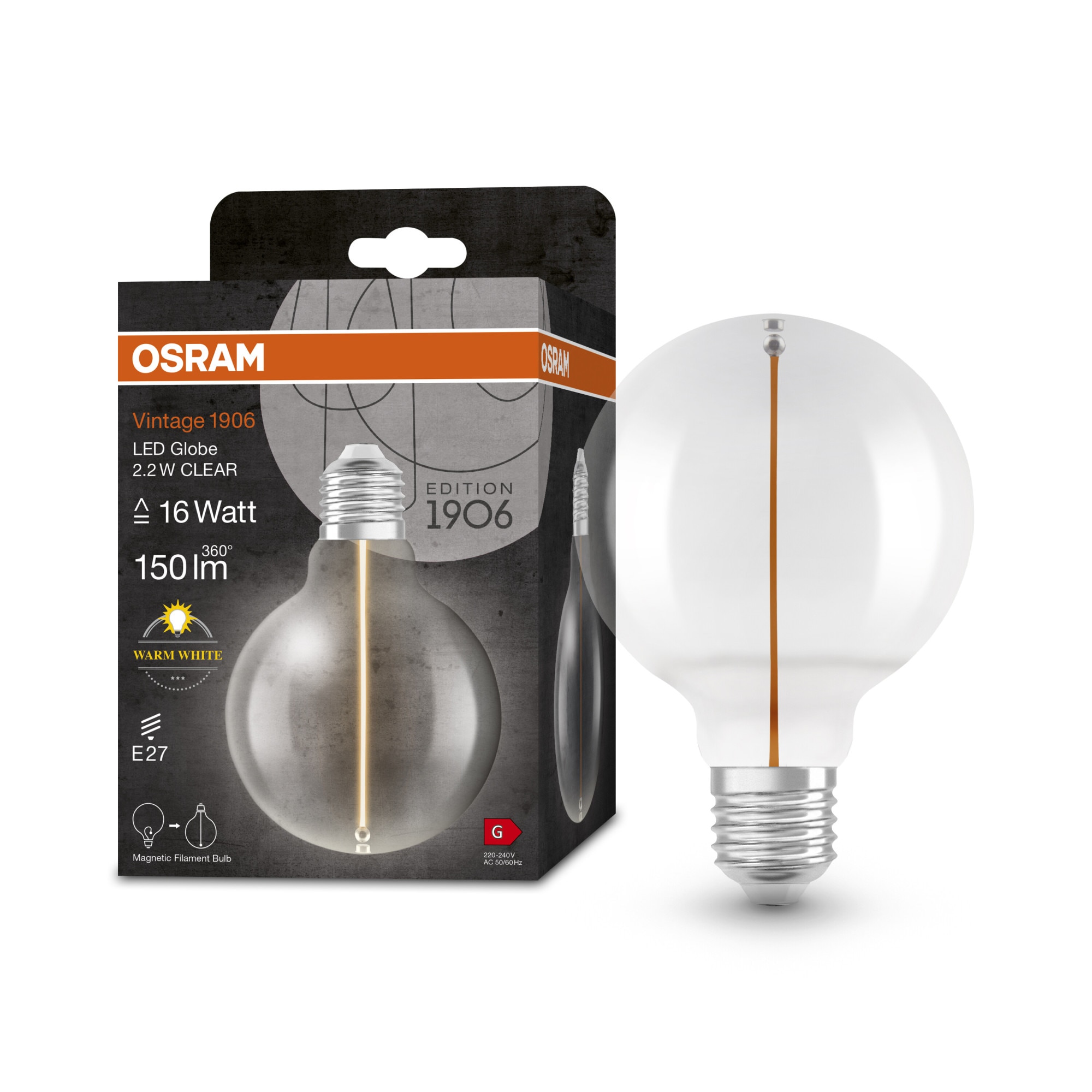 Bec LED vintage (decorativ) OSRAM 1906 Clear, G95, filament magnetic, E27, 2.2W (16W), 150 lm, lumina calda (2700K), clasa energetica G