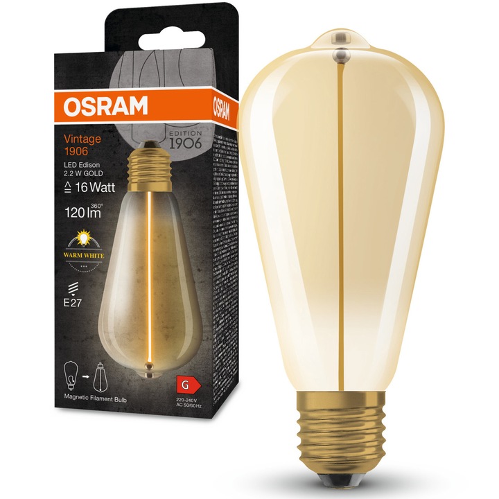 Bec LED vintage (decorativ) OSRAM 1906 Gold, ST64, filament magnetic, E27, 2.2W (16W), 150 lm, lumina calda (2700K), clasa energetica G