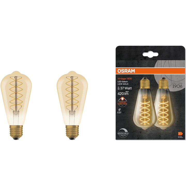 Комплект 2 LED крушки (декоративни) OSRAM 1906 Gold, Винтидж, ST64, Димируеми, E27, 4.8W (37W), 420 lm, Топла светлина (2200K), Енергиен клас F