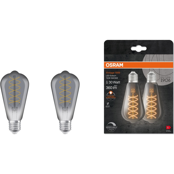 Комплект 2 LED крушки (декоративни) OSRAM 1906 Smoke, Винтидж, ST64, Димируеми, E27, 7.8W (30W), 360 lm, Топла светлина (1800K), Енергиен клас G
