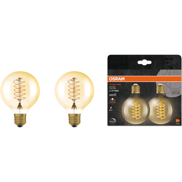 Комплект 2 LED крушки (декоративни) OSRAM 1906 Gold, Винтидж, G80, Димируеми, E27, 4.8W (37W), 420 lm, Топла светлина (2200K), Енергиен клас F
