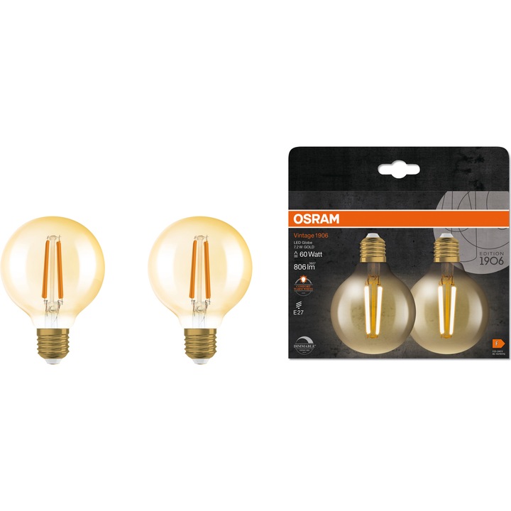 Комплект 2 LED крушки (декоративни) OSRAM 1906 Gold, Винтидж, G80, Димируеми, E27, 7.2W (60W), 806 lm, Топла светлина (2400K), Енергиен клас E