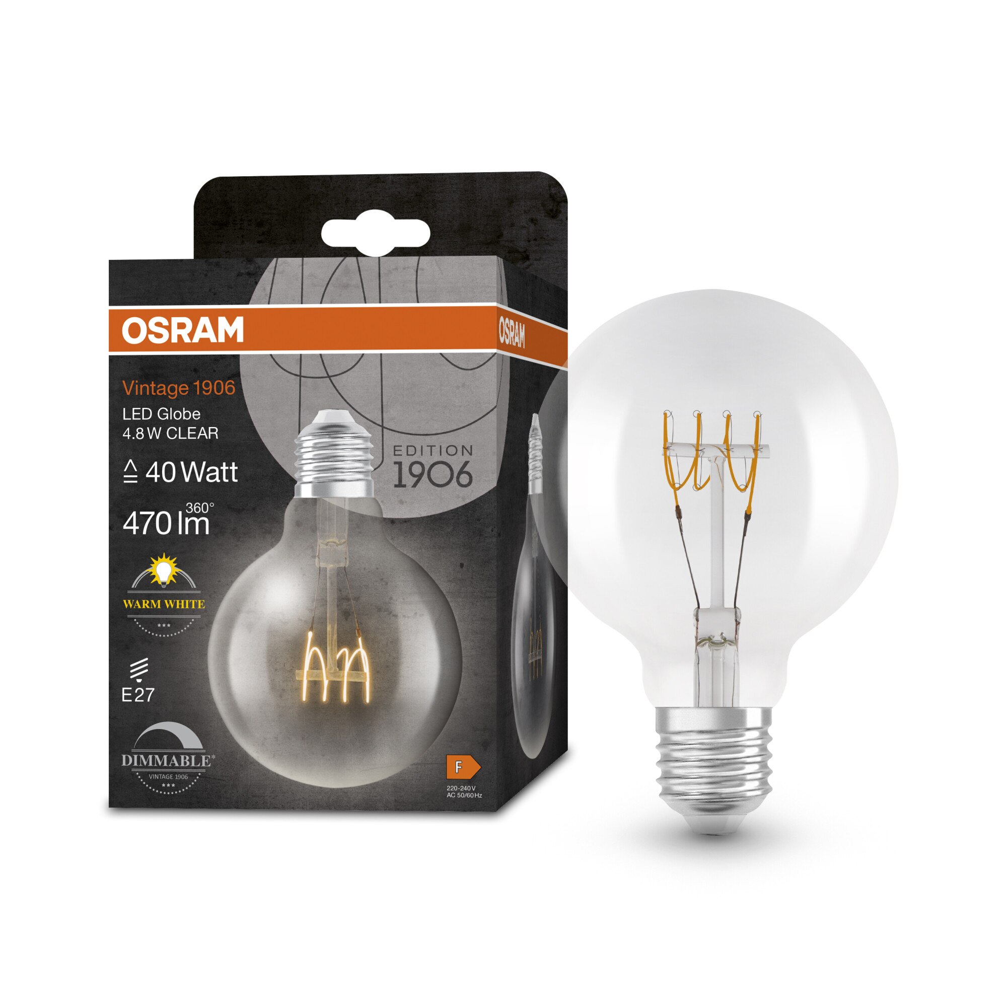 Bec LED vintage (decorativ) OSRAM 1906 Clear, G95, dimabil, E27, 4.8W (40W), 470 lm, lumina calda (2700K), clasa energetica F