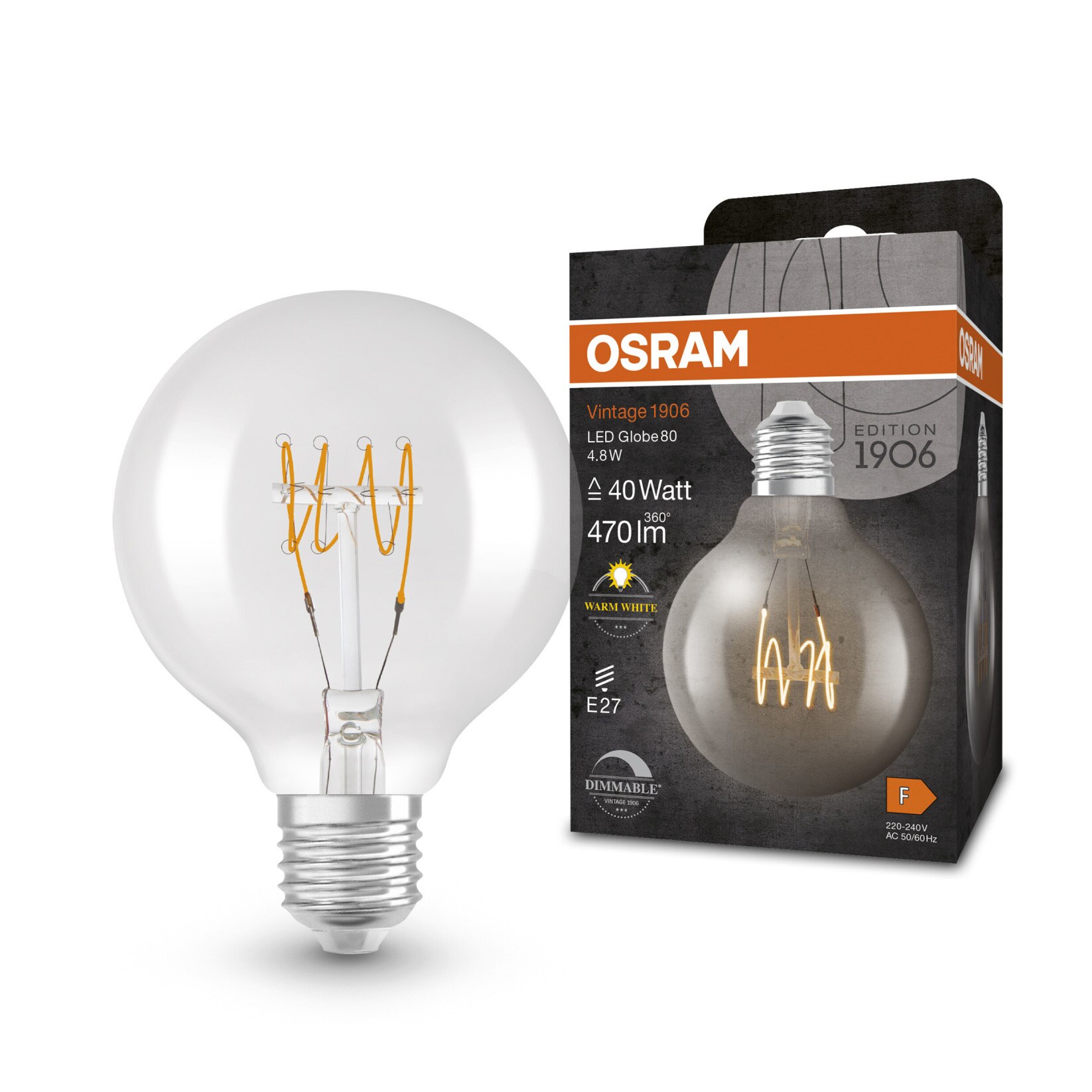 Bec LED vintage (decorativ) OSRAM 1906, G80, dimabil, E27, 4.8W (40W), 470 lm, lumina calda (2700K), clasa energetica F