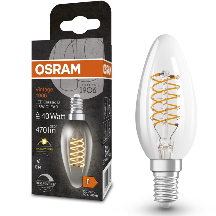 Крушка LED (декоративна) OSRAM 1906 Clear candle, Винтидж, Димируема, E14, 4.8W (40W), 470 lm, Топла светлина (2700K), Енергиен клас F