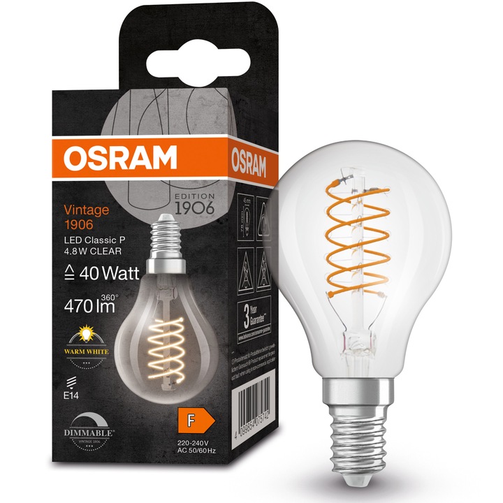 Крушка LED (декоративна) OSRAM 1906 Clear, Винтидж, Глобус, Димируема, E14, 4.8W (40W), 470 lm, Топла светлина (2700K), Енергиен клас F