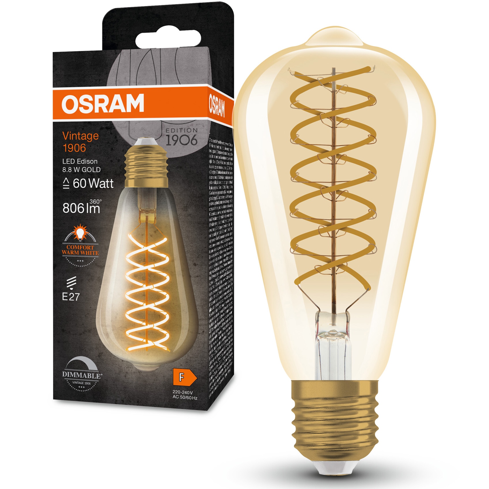 Bec LED vintage (decorativ) OSRAM 1906 Gold, ST64, dimabil, E27, 8.8W (60W), 806 lm, lumina calda (2400K), clasa energetica F