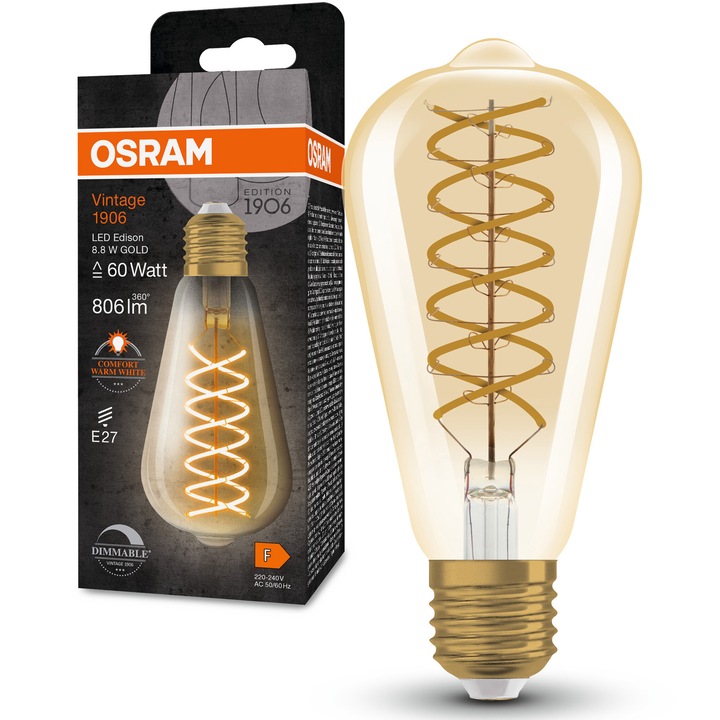 Крушка LED (декоративна) OSRAM 1906 Gold, Винтидж, ST64, Димируема, E27, 8.8W (60W), 806 lm, Топла светлина (2400K), Енергиен клас F
