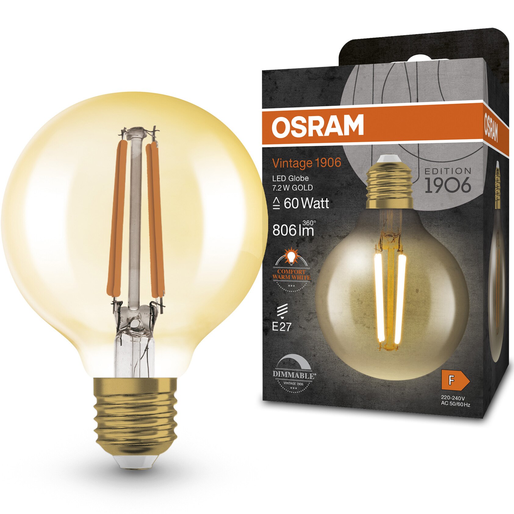 Bec LED vintage (decorativ) OSRAM Vintage 1906 Gold, G80, dimabil, E27, 7.2W (60W), 806 lm, lumina calda (2400K), clasa energetica F