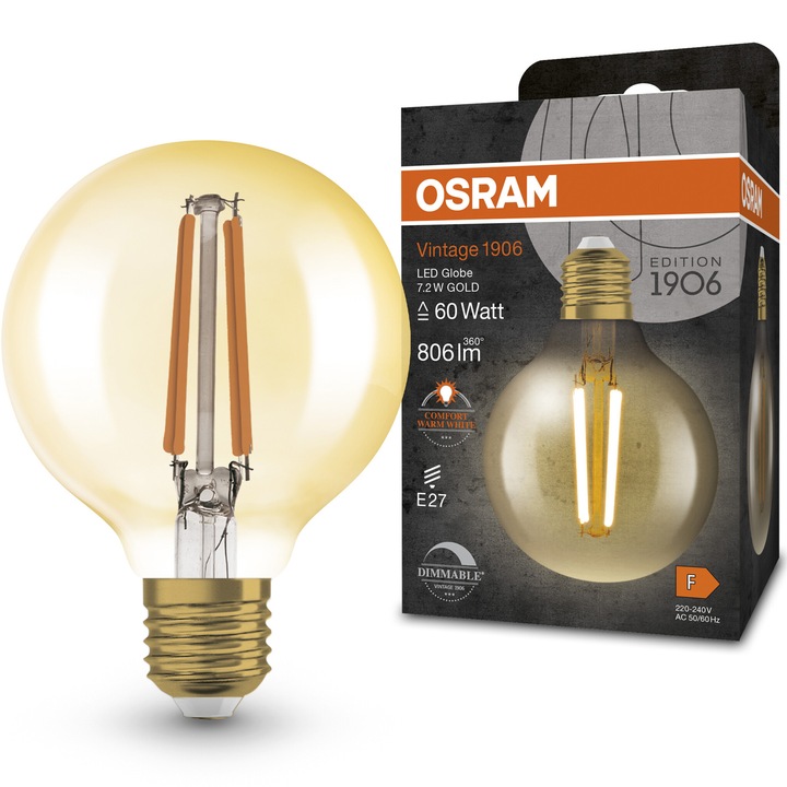 Крушка LED OSRAM Vintage 1906 Gold, Винтидж (декоративна), G80, Димируема, E27, 7.2W (60W), 806 лумена, Топла светлина (2400K), Енергиен клас F