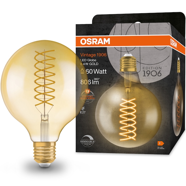 Крушка LED (декоративна) OSRAM 1906 Gold, Винтидж, Димируема, E27, 8.4W (60W), 806 lm, Топла светлина (2400K), Енергиен клас F