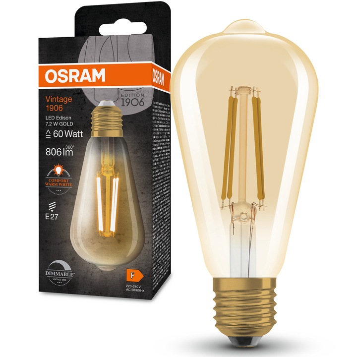 Bec LED vintage (decorativ) OSRAM Vintage 1906 Gold, ST64, dimabil, E27, 7.2W (60W), 806 lm, lumina calda (2400K), clasa energetica E