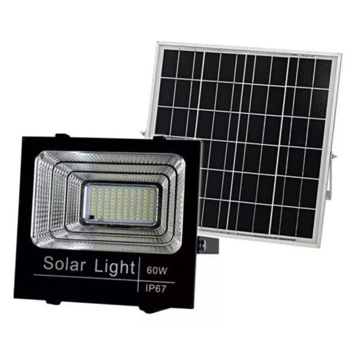 Lampa solara stradala LED de exterior cu panou solar inclus, putere 60 W, telecomanda cu functii multiple, rezistent la apa IP67