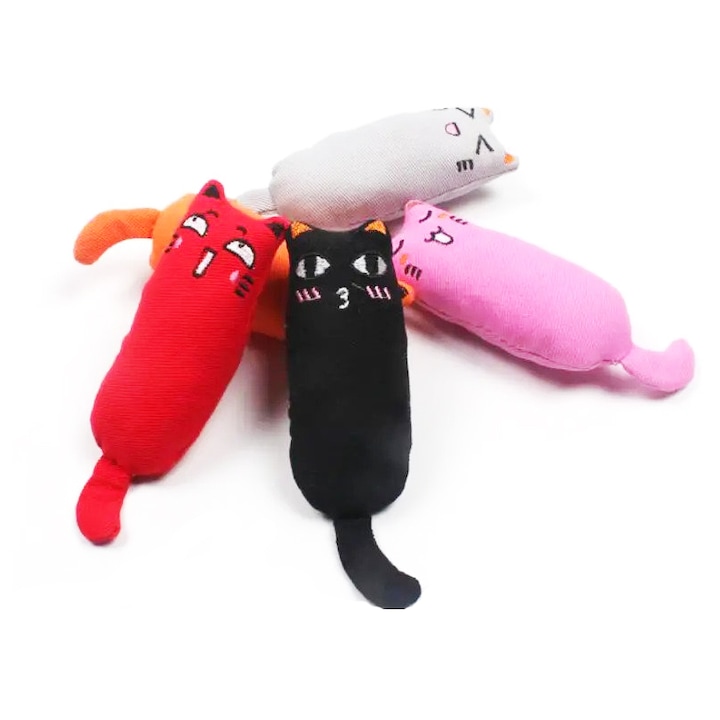 Set 5 jucarii pentru pisici in forma de pisicute vesele Happy Meow, contine catnip, material bumbac, 16x5x3.5cm, multicolor
