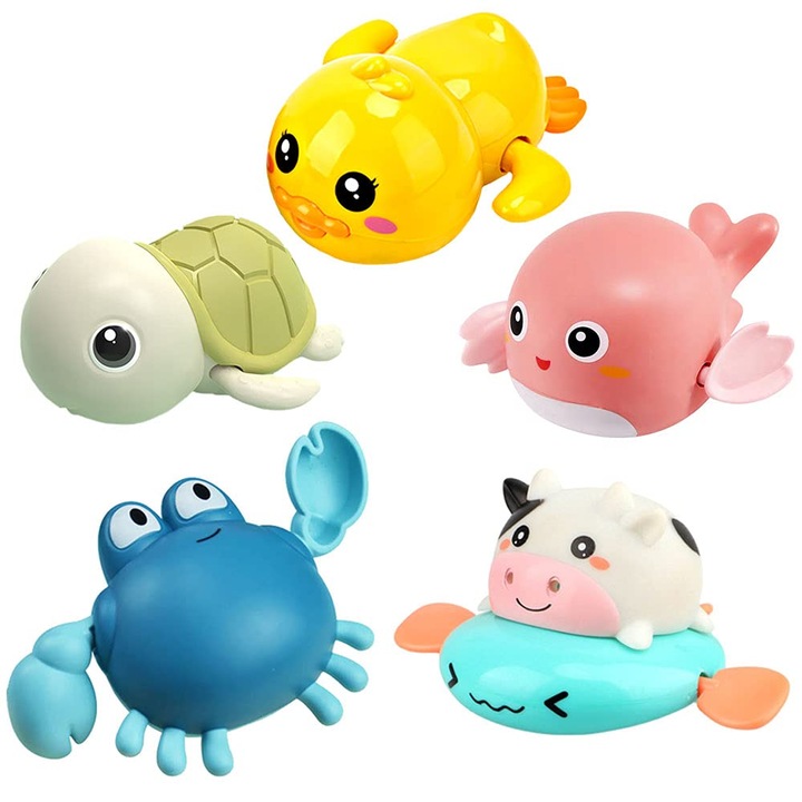 Комплект от 5 играчки за баня, Overtang, ABS, 1-3 години, Многоцветни