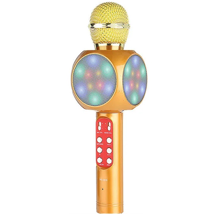 Microfon Karaoke pentru copii NYTRO Pro 9, Bluetooth, Lumina RGB, Radio FM, Functie Ecou si Live, Difuzor, Gold