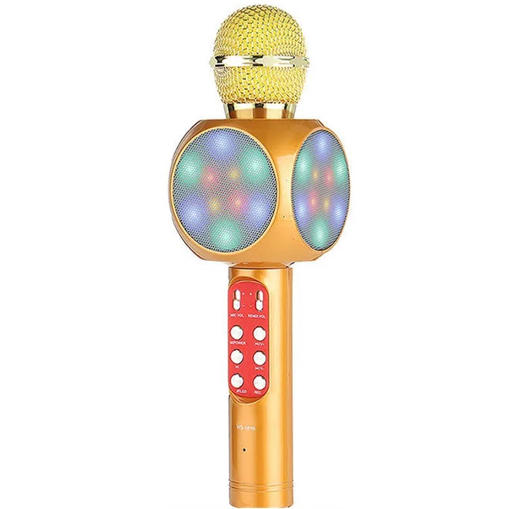 Караоке микрофон за деца NYTRO Pro 9, Bluetooth, RGB светлина, FM радио, функция Echo и Live, Високоговорител, Златист