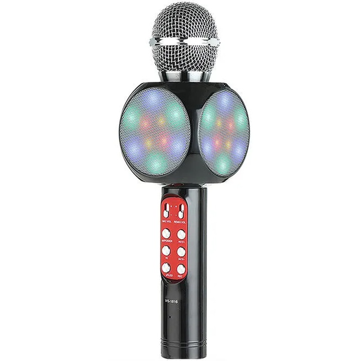 Microfon Karaoke pentru copii NYTRO Pro 9, Bluetooth, Lumina RGB, Radio FM, Functie Ecou si Live, Difuzor, Black