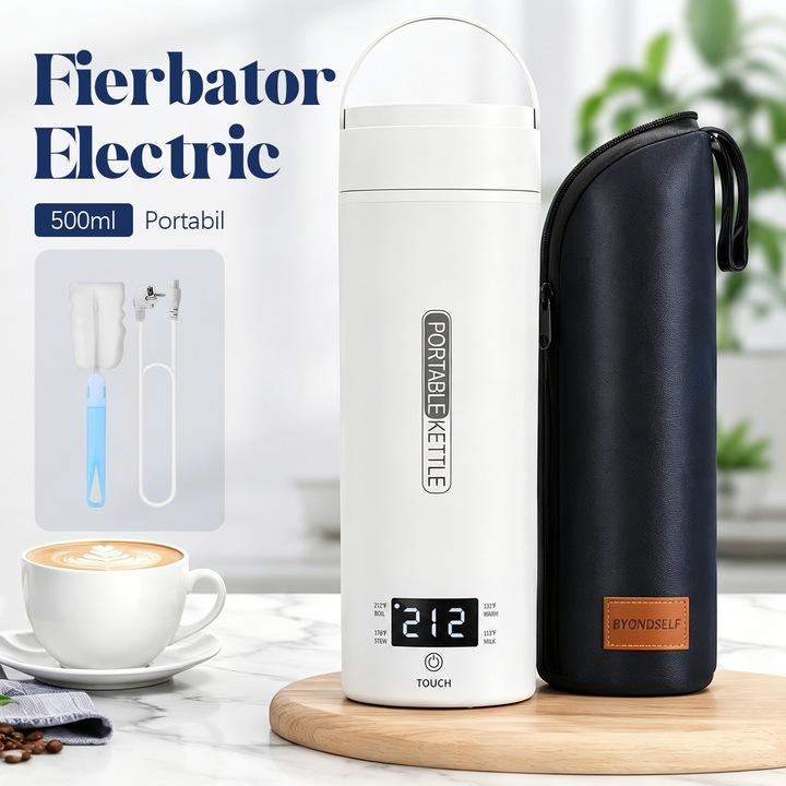 Fierbator Electric Portabil, BYONDSELF®, Incalzire cu Temperatura Controlata in Patru Trepte, 500ml, Alimentare la Priza, 300W, Inox, Alb