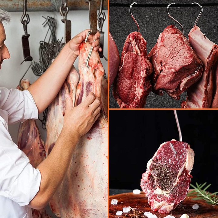 Set 20 carlige din inox pentru macelarie sau afumatoare carne, JENUOS®, tip S, 150 x 50 x 5mm, Argintiu