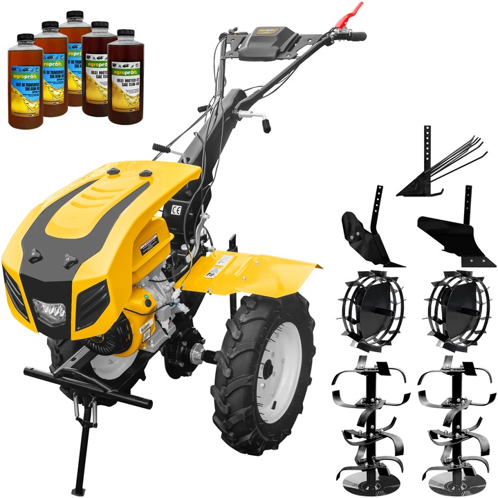 Motocultor AgroPro HS 1100D, motor 18 CP, benzina EURO V, 2+1 viteze, latime lucru 135 cm, freze 2+1+1, roti 5.00-12", capota cu far LED, roti metal, plug arat, rarita reglabila, plug cartofi, 5l ulei