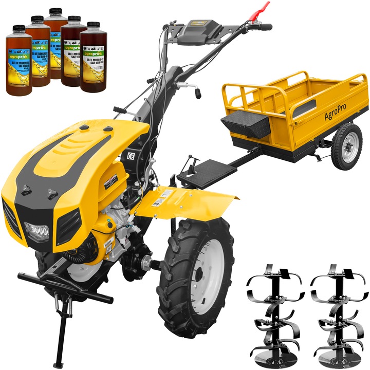 Motocultor AgroPro HS 1100D, motor 18 CP, benzina EURO V, 2+1 viteze, latime lucru 135 cm, freze 2+1+1, roti 5.00-12", capota cu far LED, remorca, 5l ulei