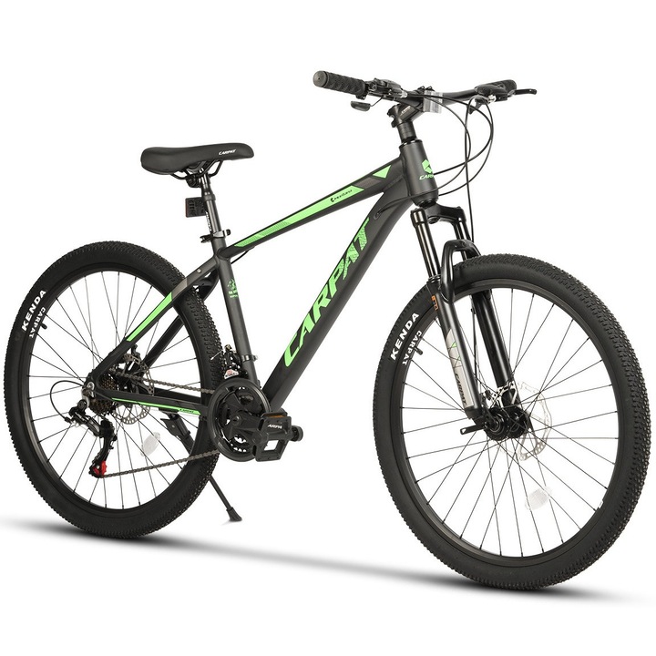 Bicicleta MTB cu Roti de 26", echipare Shimano/Sunrun, 21 Viteze, negru/verde, Mountain Bike Carpat Montana Genius cu Frane Disc fata/spate, cabluri integrate si cadru aluminiu