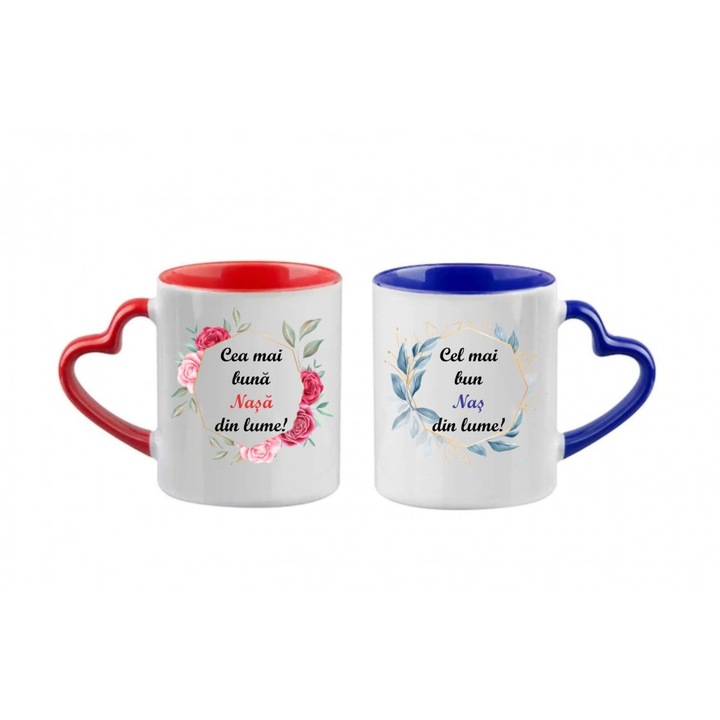 Set 2 cani cu toarta inima si interior color cu mesaj pentru nasi, 300 ml