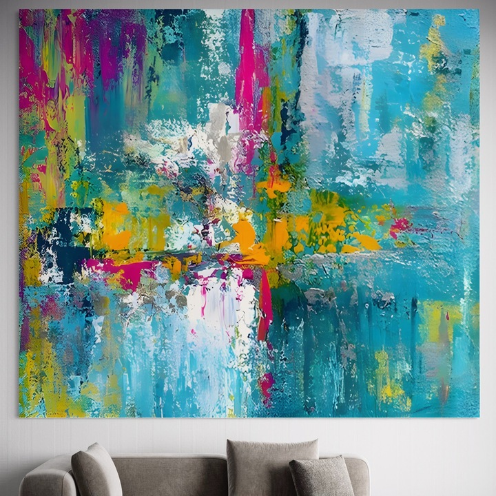 Премиум картина върху платно, LuxCanva® A1314, Модерен абстракт, 100 X 135 СМ, 100% памучно платно 400 г/м2, дървена рамка, хол, изкуство, многоцветно, синьо, спалня, ярки цветове