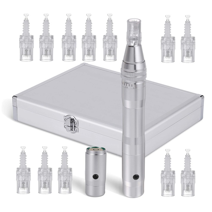 Aparat masaj facial tip stilou, dermapen, wireless, 12 capete rezerva cu 12 ace din titan, reglabil de la 0, 25 la 2, 5 mm, 5 trepte de intensitate, regenerarea pielii, argintiu