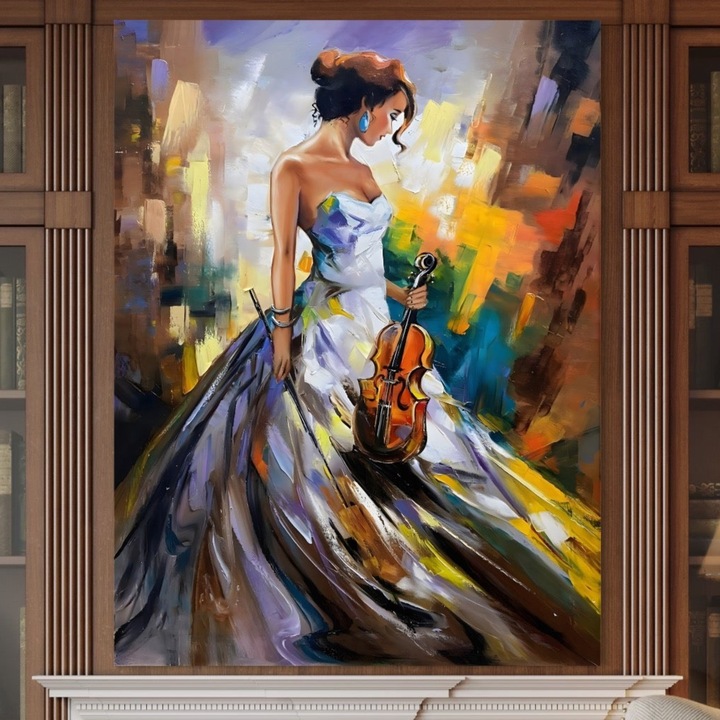 Премиум картина върху платно, LuxCanva® A1306, Момиче с цигулка, 100 X 135 СМ, 100% памучно платно 400 г/м2, дървена рамка, хол, жена, красота, елегантност, музикален инструмент, спалня, ярки цветове