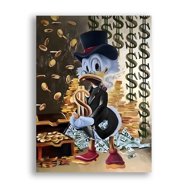 Първокласна картина на платно, LuxCanva® A1309, Baby Scrooge Duck, 45 X 60 CM, 100% памучно платно 400g/m2, дървена рамка, всекидневна, долар, пари, карикатури, офис, живи цветове