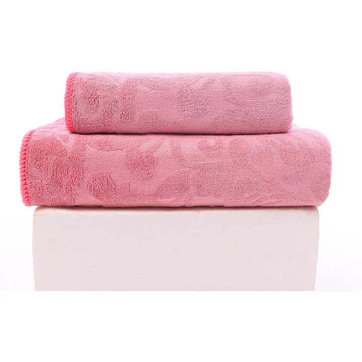 Set 2 prosoape de baie 70x140 + 50x100 cm microfibra roz pudrat