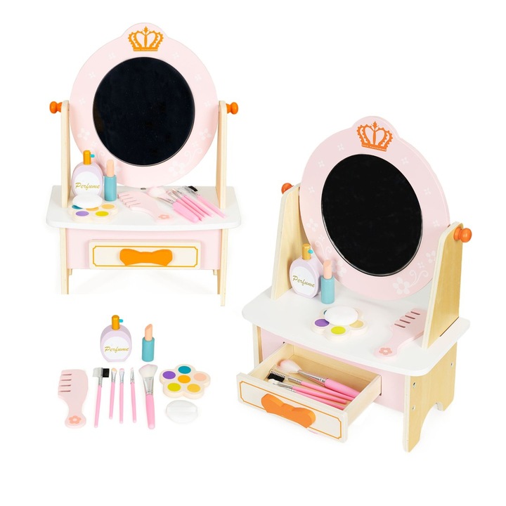 Masa de machiaj pentru copii, ECOTOYS, cu accesorii, oglinda sigura, 42x16x30cm, Roz