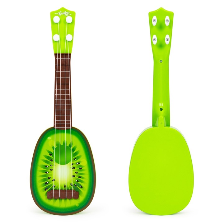 Ukulele gyerekeknek, ECOTOYS, 4 nylon zsinór, Kiwi design, +3 év, zöld/barna