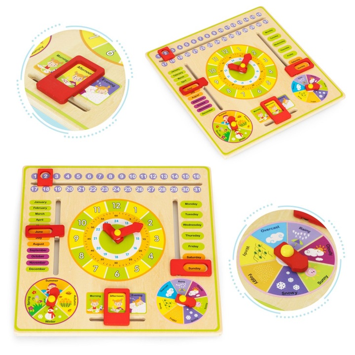 Tabla Educativa din Lemn, ECOTOYS, Calendar, Ceas, Vremea, +3 ani, 30x30 cm