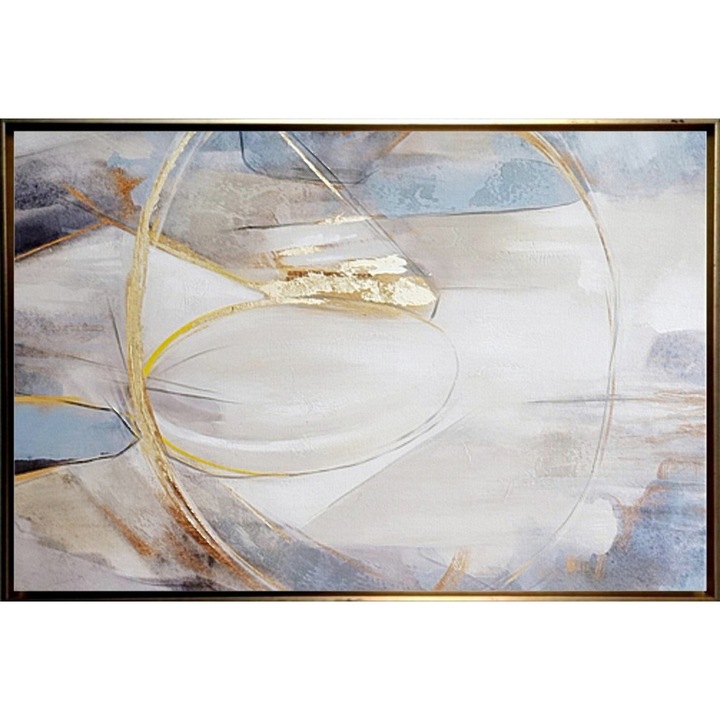 Tablou abstract pictat manual, Pictura in cutit ulei pe panza, Textura impasto, Bleu Alb Auriu, 150x100cm